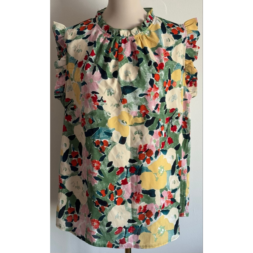 Women's KIRUNDO Green Floral Ruffle Blouse XL